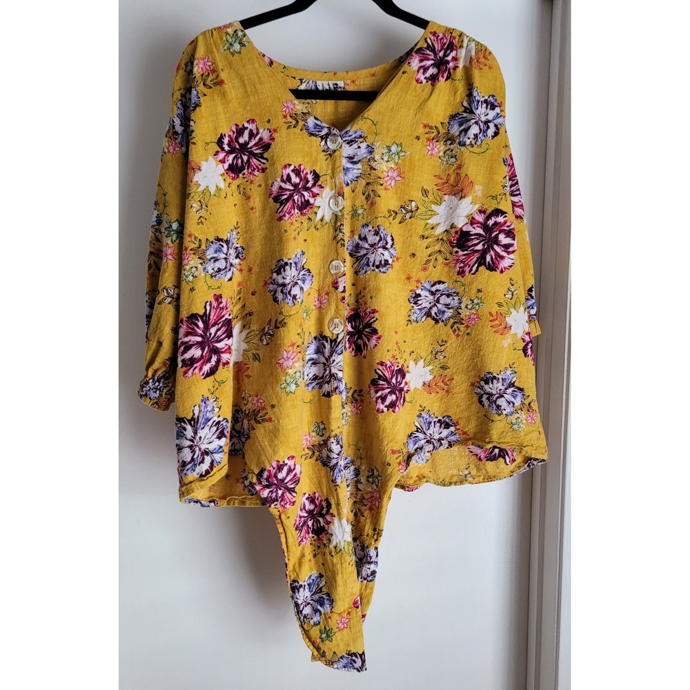 Lugodini Women Blouse Yellow Floral 3/4 Sleeve Round Neck Casual Top Boho